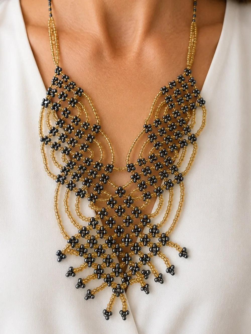 Handmade Antique Gold & Black Seed Bead Statement Necklace - Picture 3 of 7